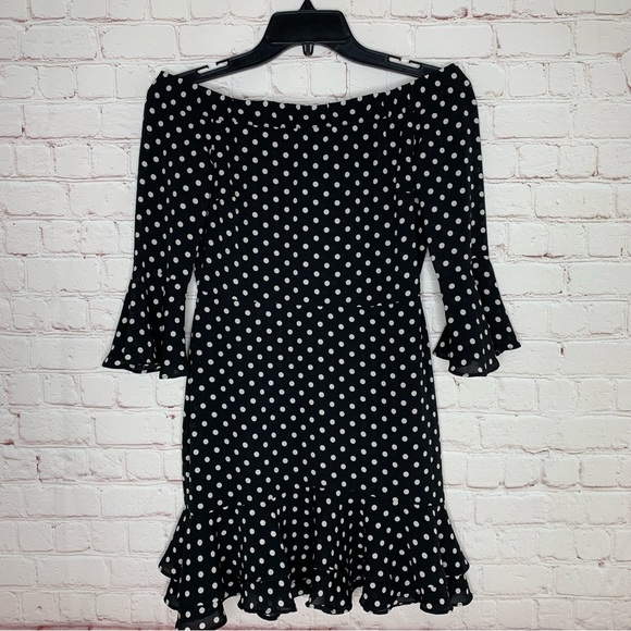 Topshop Dresses & Skirts - TopShop Womens Black Polka Dot Off the Shoulder Mini Dress Flare Sleeve Size 2